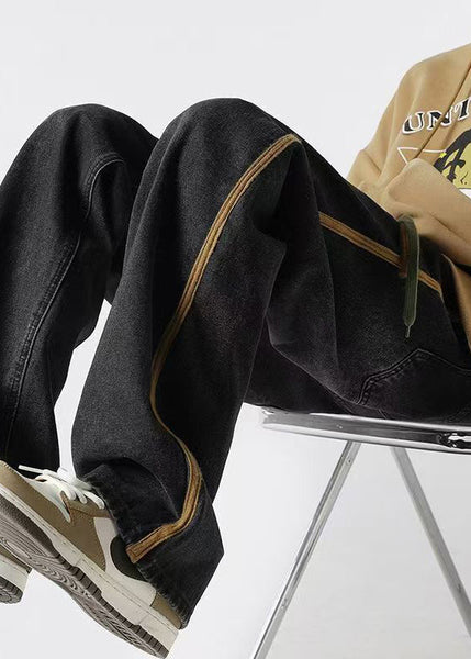 Mens Denim Up Retro Pants Spring Lace Black Striped FashionChic