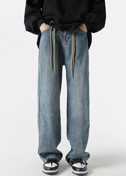 Mens Denim Up Retro Pants Spring Lace Black Striped FashionChic