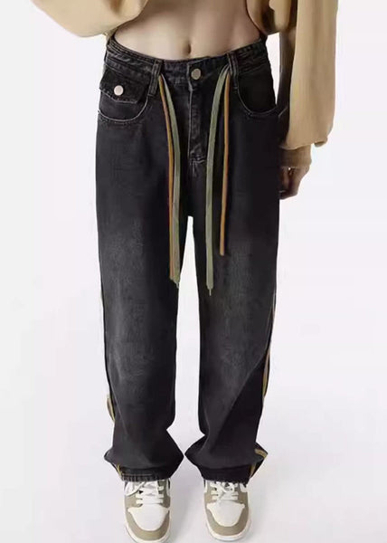 Mens Denim Up Retro Pants Spring Lace Black Striped FashionChic