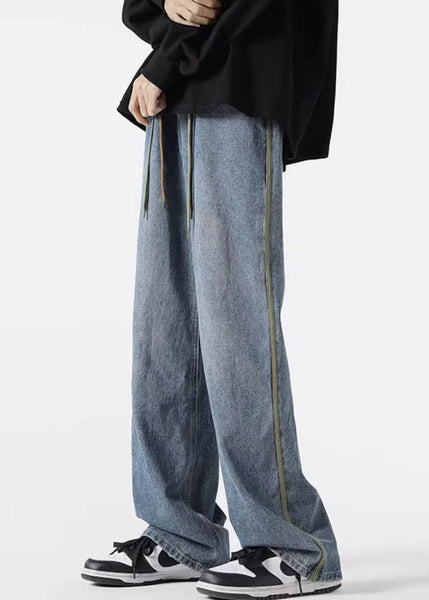 Mens Denim Up Retro Pants Spring Lace Black Striped FashionChic