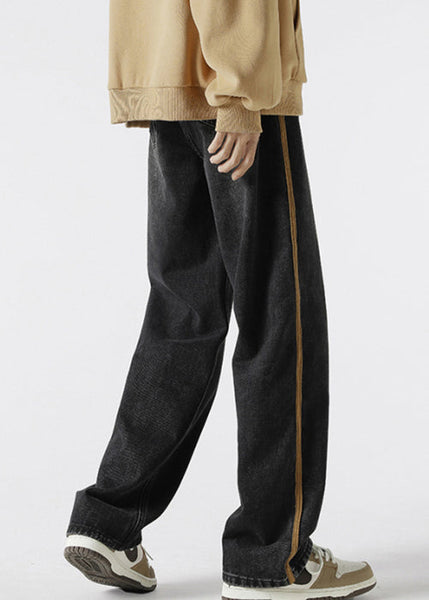 Mens Denim Up Retro Pants Spring Lace Black Striped FashionChic