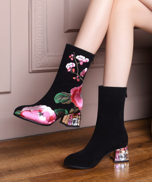 Retro Black Suede Chunky Boho Embroidery Boots CZ1022 Ada Fashion