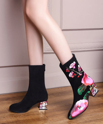 Retro Black Suede Chunky Boho Embroidery Boots CZ1022 Ada Fashion