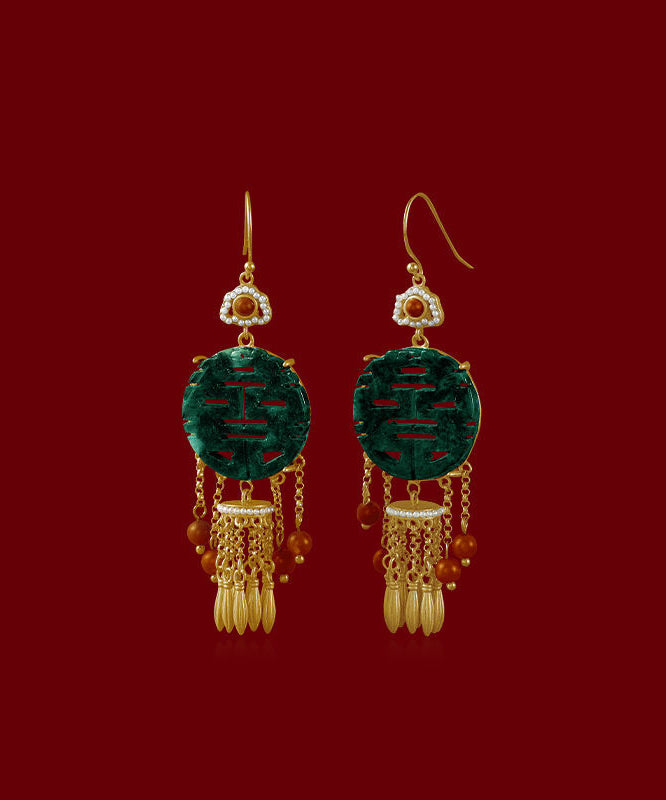 Retro Blackish Green Ancient Gold Inlaid Pearl Jade Agate Tassel Drop Earrings PO029 JEW-EAR240729