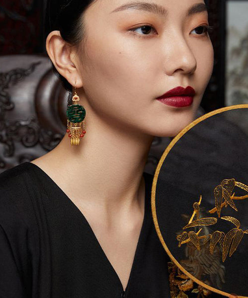 Retro Blackish Green Ancient Gold Inlaid Pearl Jade Agate Tassel Drop Earrings PO029 JEW-EAR240729