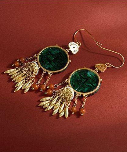 Retro Blackish Green Ancient Gold Inlaid Pearl Jade Agate Tassel Drop Earrings PO029 JEW-EAR240729