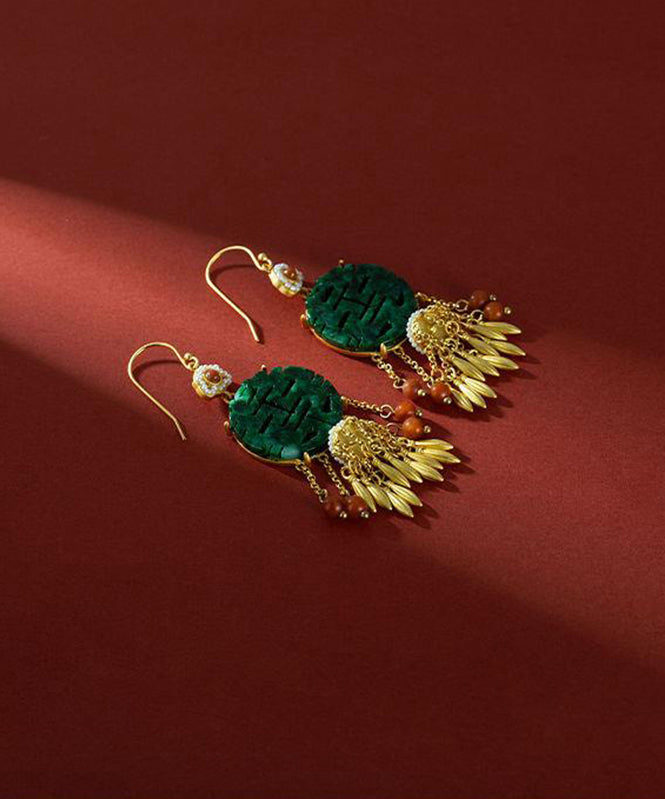 Retro Blackish Green Ancient Gold Inlaid Pearl Jade Agate Tassel Drop Earrings PO029 JEW-EAR240729