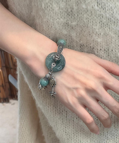 Sterling Charm Silver Butterfly Blackish Retro Green Jade FashionChic