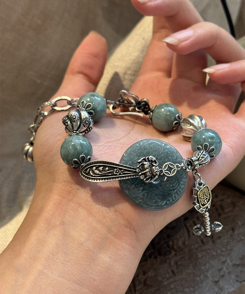 Sterling Charm Silver Butterfly Blackish Retro Green Jade FashionChic