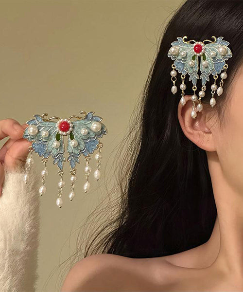 Hairpin Tassel Alloy Retro Blue Pearl Enameling Butterfly FashionChic