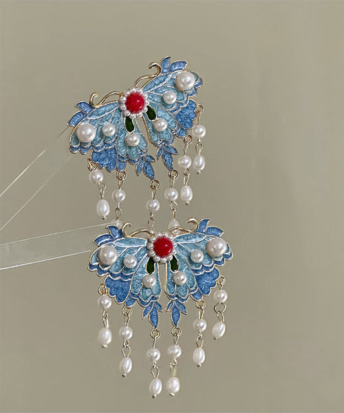 Hairpin Tassel Alloy Retro Blue Pearl Enameling Butterfly FashionChic
