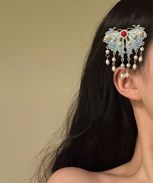 Hairpin Tassel Alloy Retro Blue Pearl Enameling Butterfly FashionChic