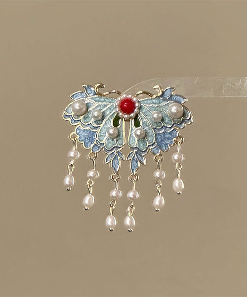 Hairpin Tassel Alloy Retro Blue Pearl Enameling Butterfly FashionChic