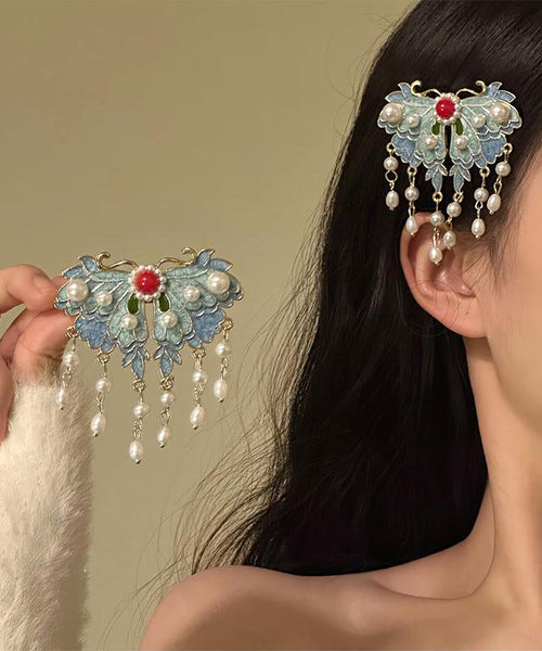 Hairpin Tassel Alloy Retro Blue Pearl Enameling Butterfly FashionChic
