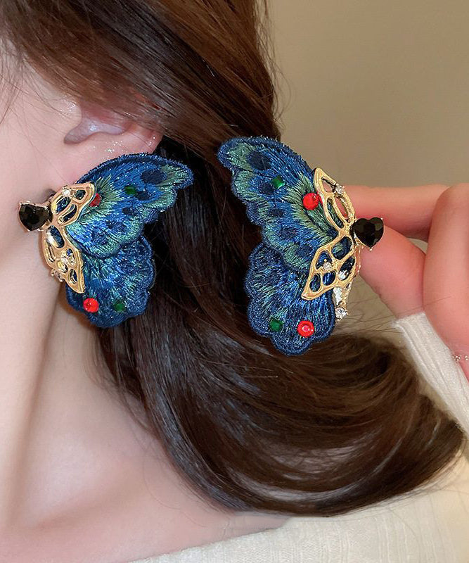 Retro Blue Alloy Zircon Woven Asymmetrical Butterfly Hoop Earrings RA041 ABC