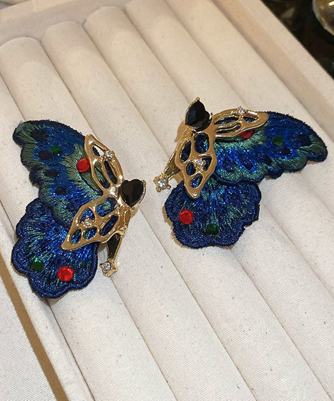 Retro Blue Alloy Zircon Woven Asymmetrical Butterfly Hoop Earrings RA041 ABC