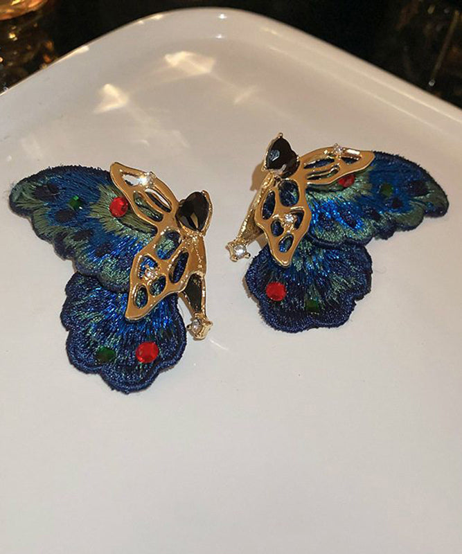 Retro Blue Alloy Zircon Woven Asymmetrical Butterfly Hoop Earrings RA041 ABC