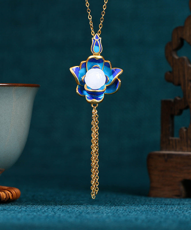 Retro Blue Ancient Gold Jade Lotus Flower Tassel Pendant Necklace KX1071 Ada Fashion