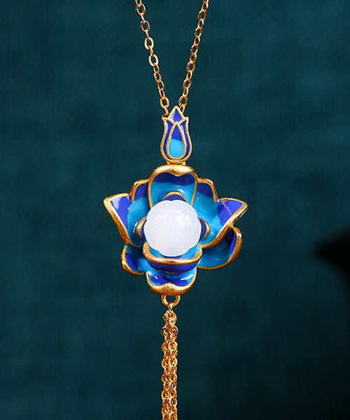 Retro Blue Ancient Gold Jade Lotus Flower Tassel Pendant Necklace KX1071 Ada Fashion
