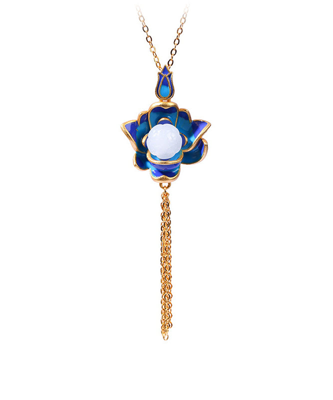 Retro Blue Ancient Gold Jade Lotus Flower Tassel Pendant Necklace KX1071 Ada Fashion