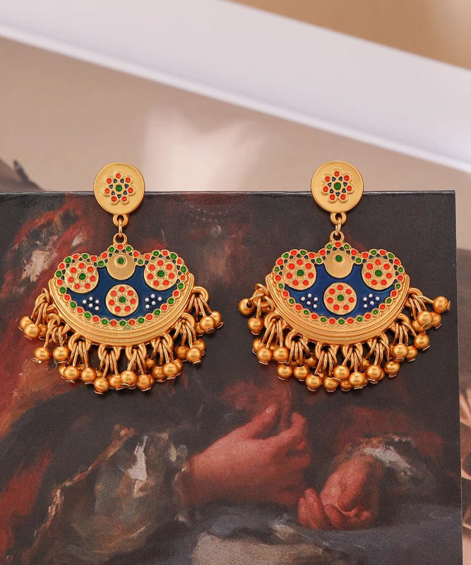 Retro Blue Antique Gold Enamel Tassel Drop Earrings QJ035 JEW-EAR241021