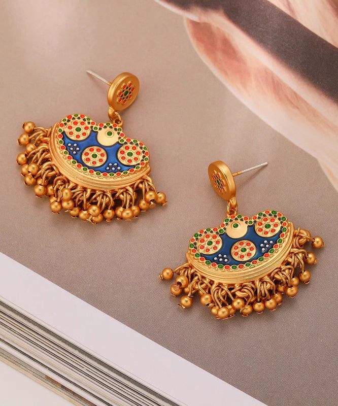 Retro Blue Antique Gold Enamel Tassel Drop Earrings QJ035 JEW-EAR241021