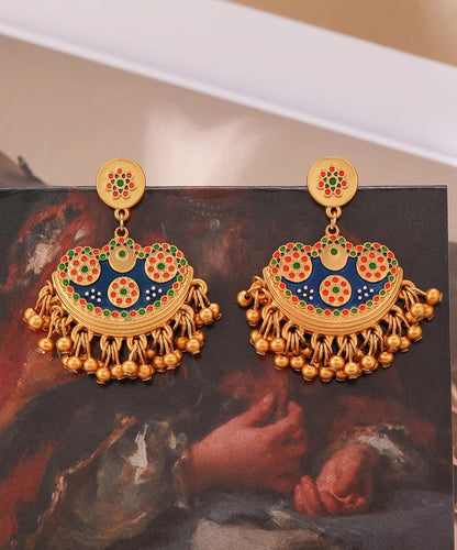 Retro Blue Antique Gold Enamel Tassel Drop Earrings QJ035 JEW-EAR241021