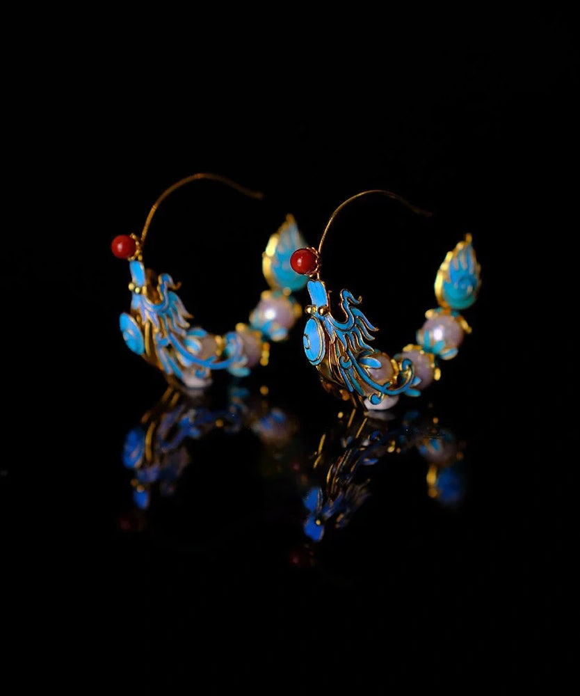 Retro Blue Overgild Agate Pearl Enamel Dragon Shaped Hoop Earrings WQ005 JEW-EAR241102