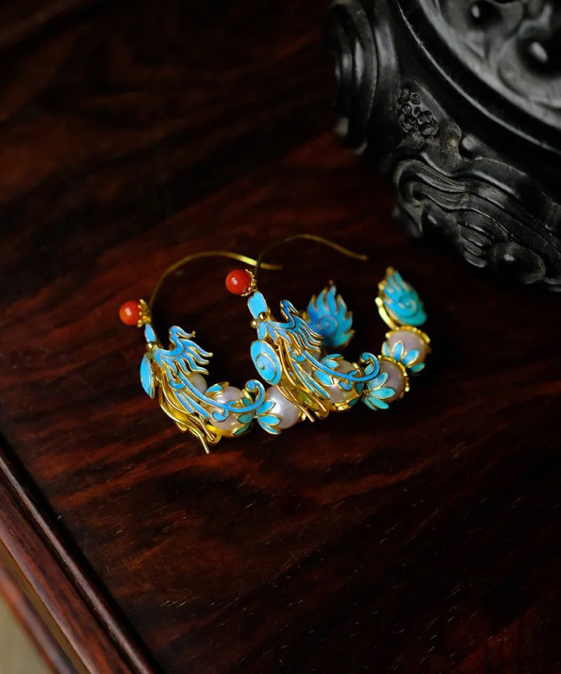 Retro Blue Overgild Agate Pearl Enamel Dragon Shaped Hoop Earrings WQ005 JEW-EAR241102