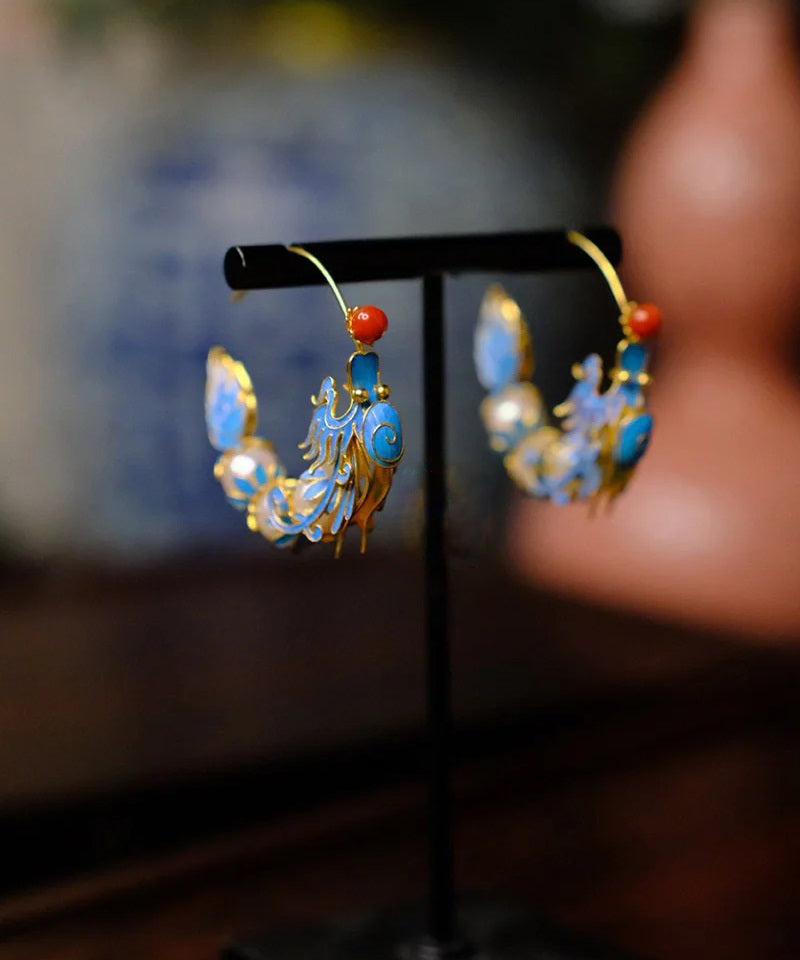 Retro Blue Overgild Agate Pearl Enamel Dragon Shaped Hoop Earrings WQ005 JEW-EAR241102