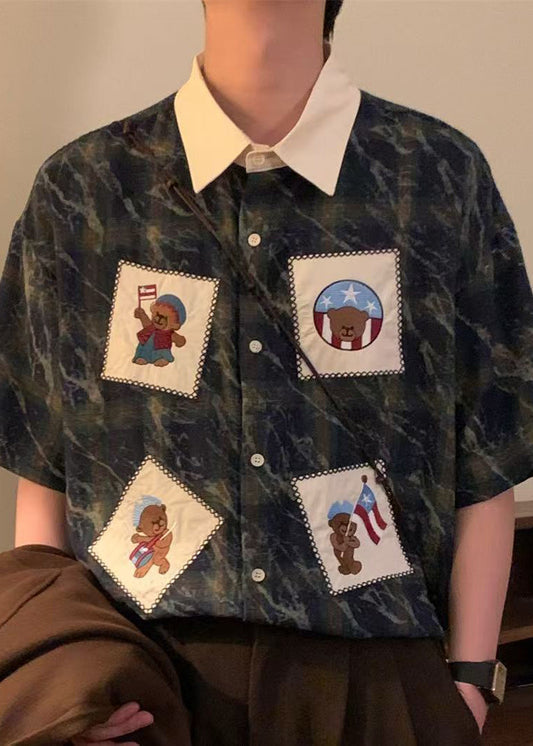 Oversized Mens Cotton Summer Shirts Plaid Blue Button Retro FashionChic