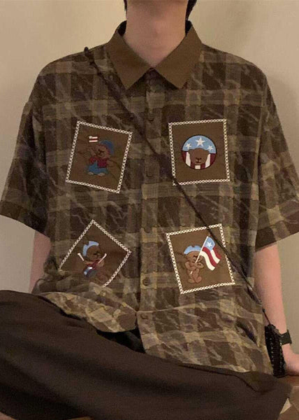 Oversized Mens Cotton Summer Shirts Plaid Blue Button Retro FashionChic