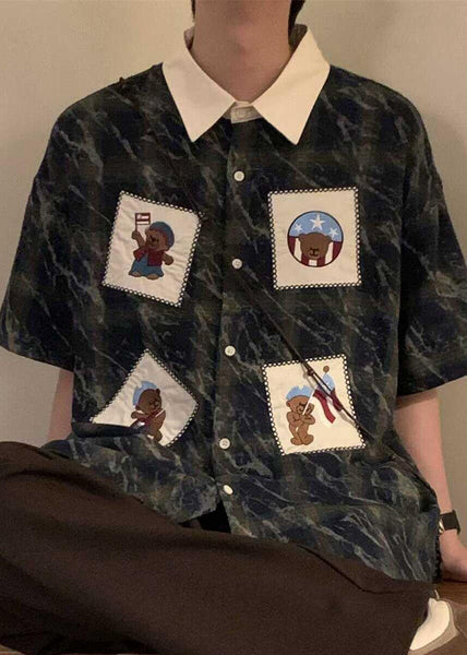 Oversized Mens Cotton Summer Shirts Plaid Blue Button Retro FashionChic