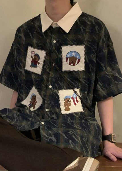 Oversized Mens Cotton Summer Shirts Plaid Blue Button Retro FashionChic