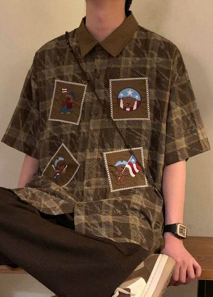 Oversized Mens Cotton Summer Shirts Plaid Blue Button Retro FashionChic