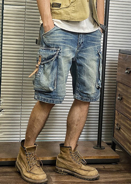 Blue Pockets Waist Shorts Denim Retro Summer Mens High FashionChic