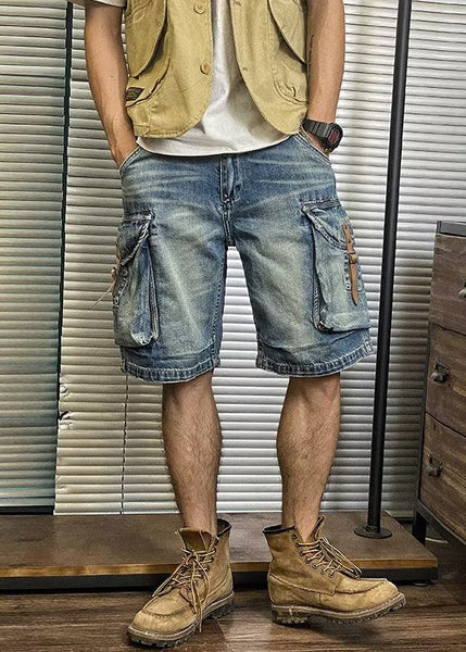 Blue Pockets Waist Shorts Denim Retro Summer Mens High FashionChic
