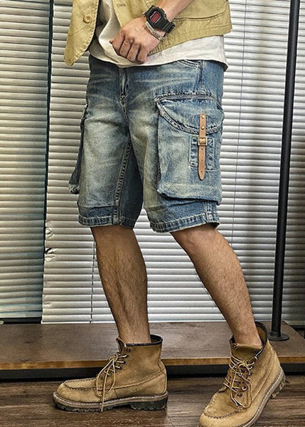 Blue Pockets Waist Shorts Denim Retro Summer Mens High FashionChic