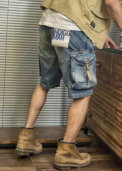 Blue Pockets Waist Shorts Denim Retro Summer Mens High FashionChic