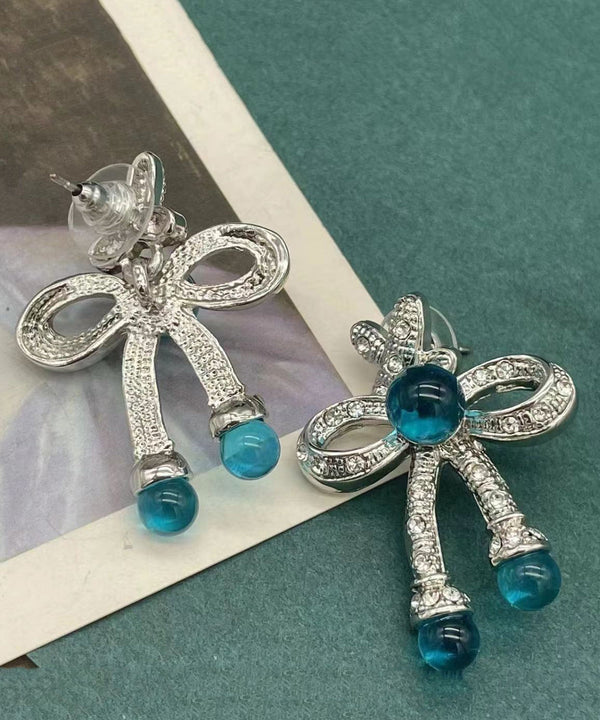 Retro Blue Sterling Silver CrystalColoured Glaze Bow Stud Earrings DF1009 Ada Fashion