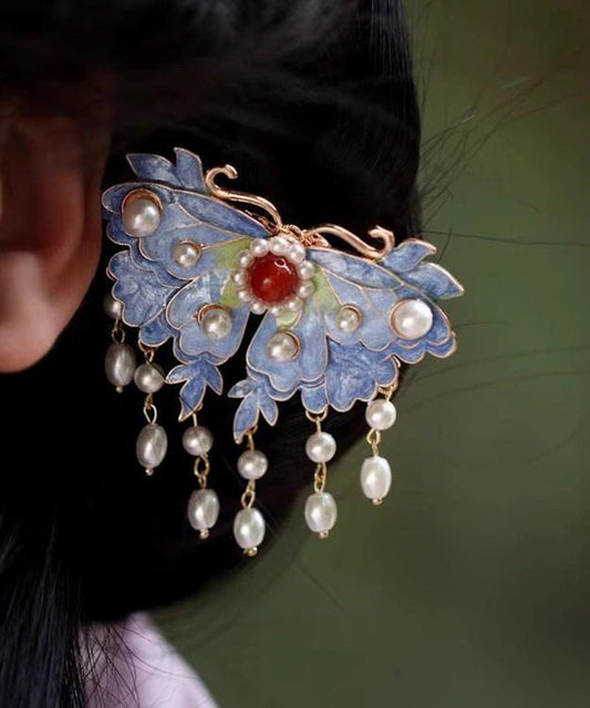 Retro Blue Sterling Silver Overgild Pearl Butterfly Tassel Hairpin TS009