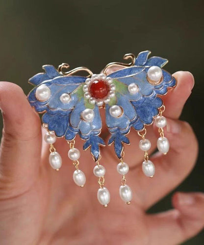 Retro Blue Sterling Silver Overgild Pearl Butterfly Tassel Hairpin TS009