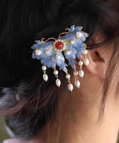 Retro Blue Sterling Silver Overgild Pearl Butterfly Tassel Hairpin TS009