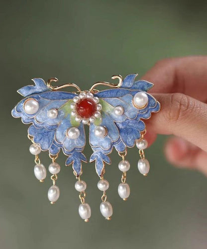Retro Blue Sterling Silver Overgild Pearl Butterfly Tassel Hairpin TS009