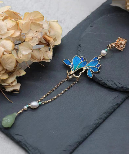Retro Blue Sterling Silver Overgild Pearl Magnolia Denudata Tassel Brooch RA025 ABC