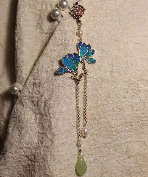 Retro Blue Sterling Silver Overgild Pearl Magnolia Denudata Tassel Brooch RA025 ABC