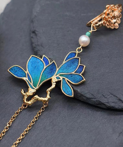 Retro Blue Sterling Silver Overgild Pearl Magnolia Denudata Tassel Brooch RA025 ABC
