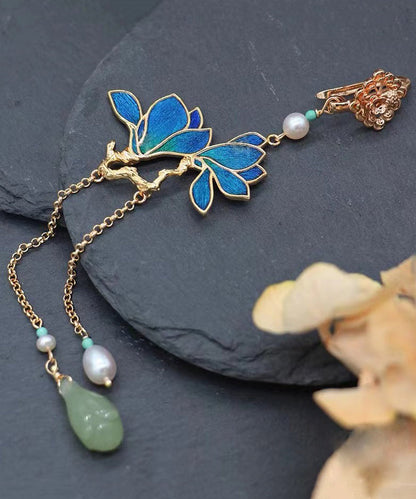 Retro Blue Sterling Silver Overgild Pearl Magnolia Denudata Tassel Brooch RA025 ABC