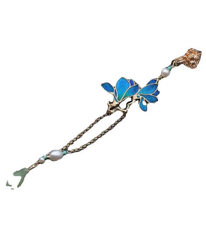 Retro Blue Sterling Silver Overgild Pearl Magnolia Denudata Tassel Brooch RA025 ABC