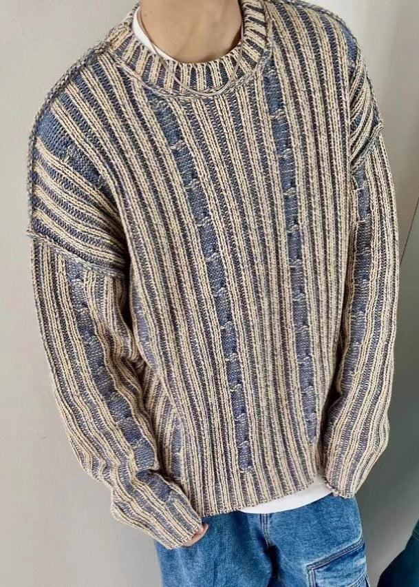 Retro Blue Striped Cozy Knit Men Sweater Spring TK007